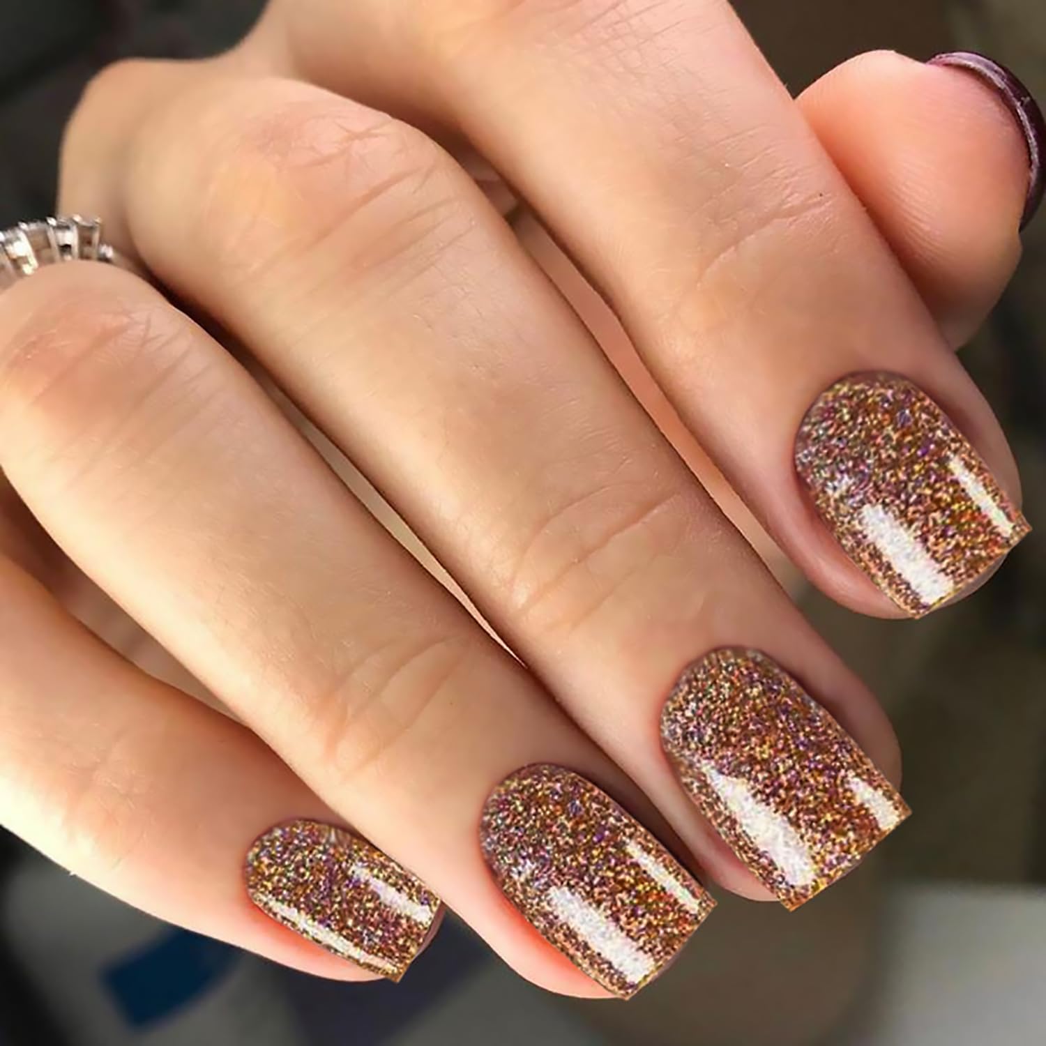 Tyuimhx brown glitter square nails kit ready for at-home manicure with glossy shine.