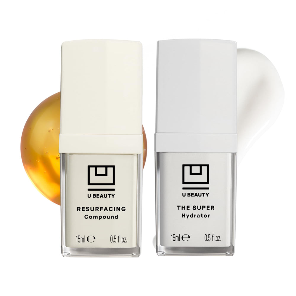 U Beauty Resurfacing Compound bottle close-up, antioxidant-rich formula for brighter texture.
