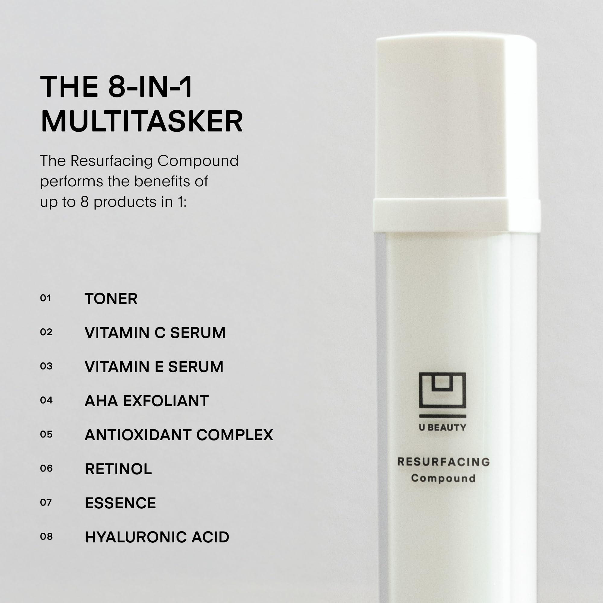 U Beauty Resurfacing Compound bottle back label showing ingredients and guidelines