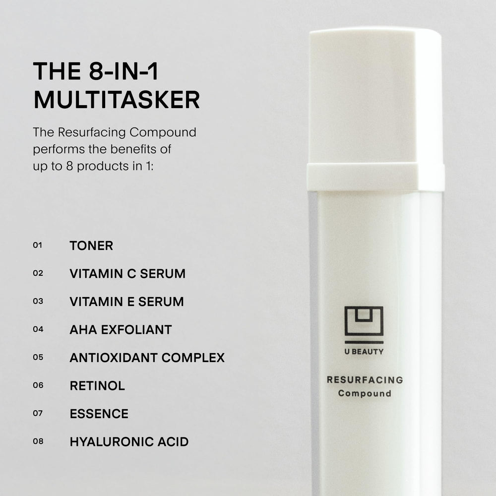 U Beauty Resurfacing Compound bottle back label showing ingredients and guidelines