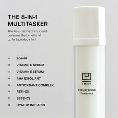 U Beauty Resurfacing Compound bottle back label showing ingredients and guidelines
