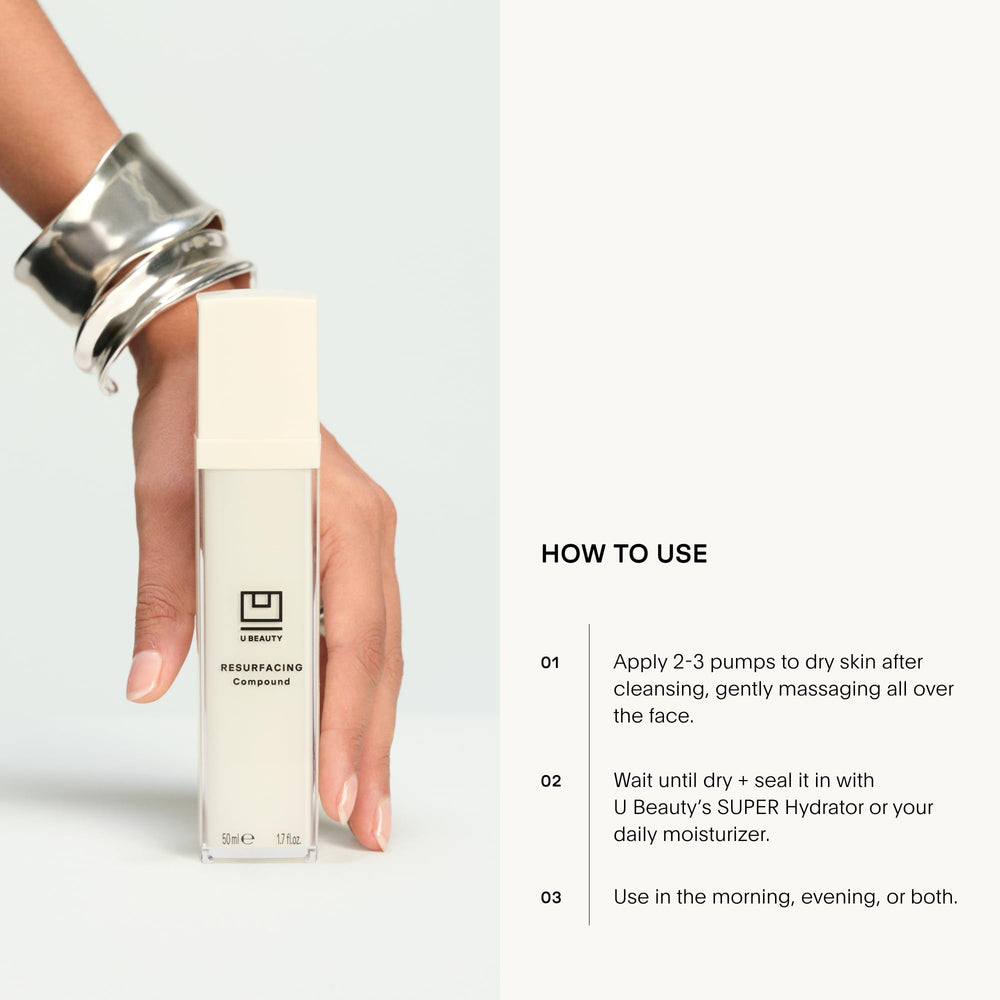 Bottle of U Beauty Resurfacing Compound held in hand for easy use