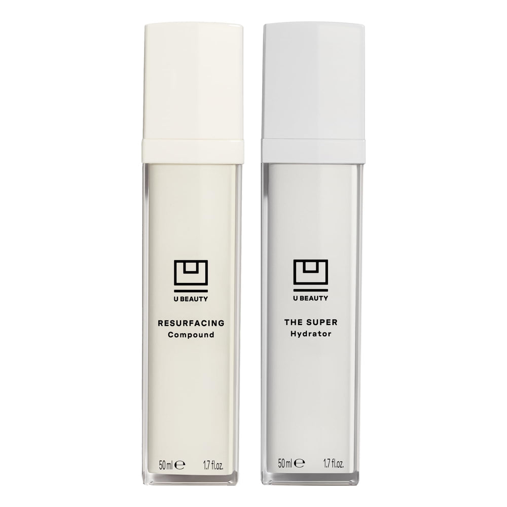 U Beauty Resurfacing Compound bottle close-up, brightening and refining skin texture.