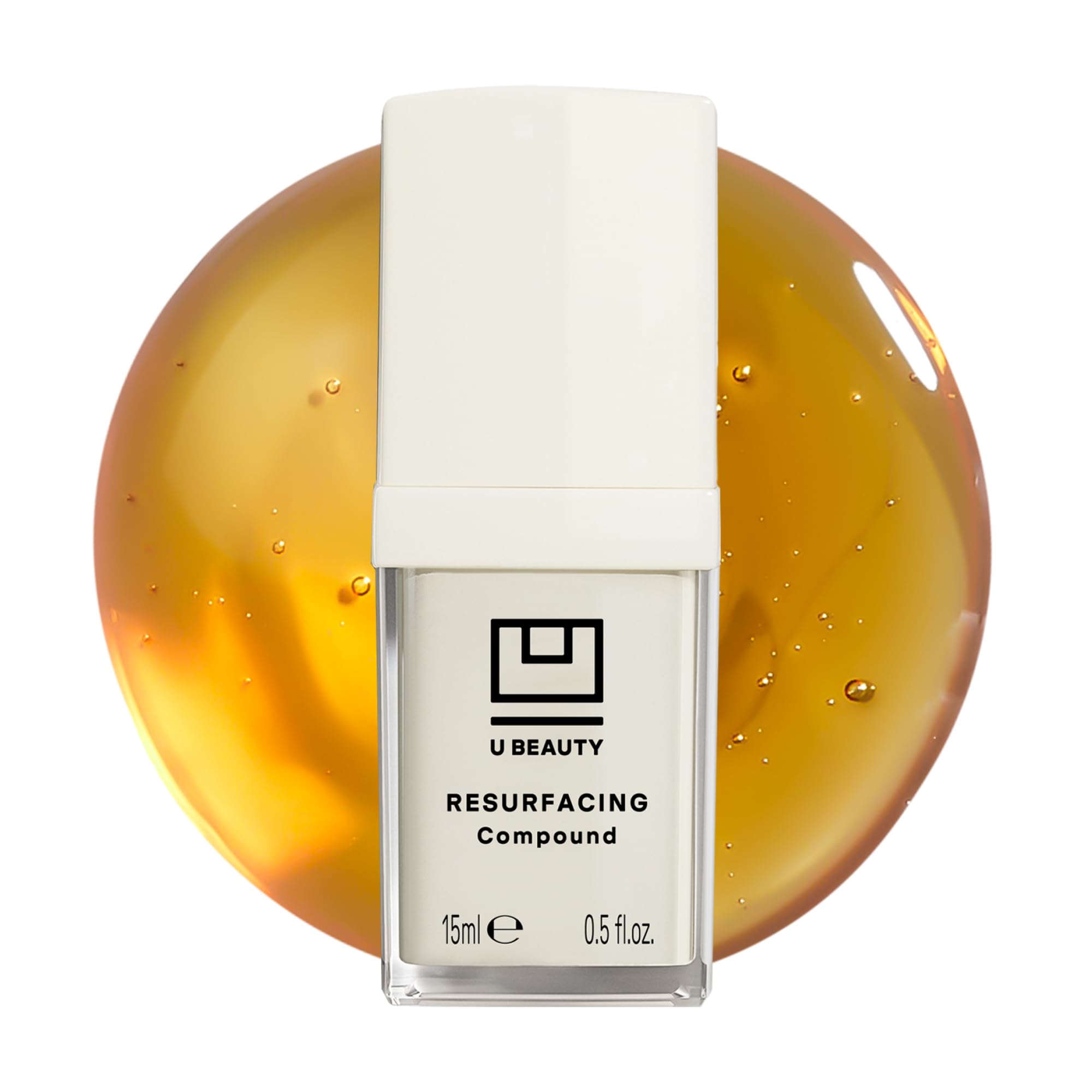 U Beauty Resurfacing Compound Serum bottle on a sleek surface delivering rich hydration.