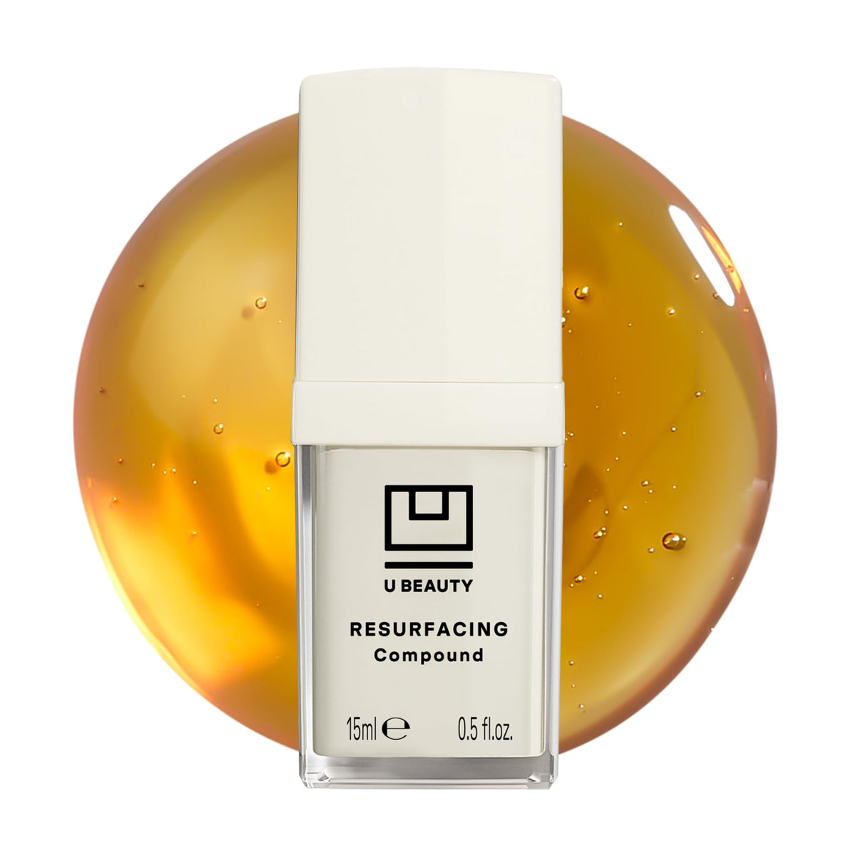 U Beauty Resurfacing Compound Serum bottle on a sleek surface delivering rich hydration.