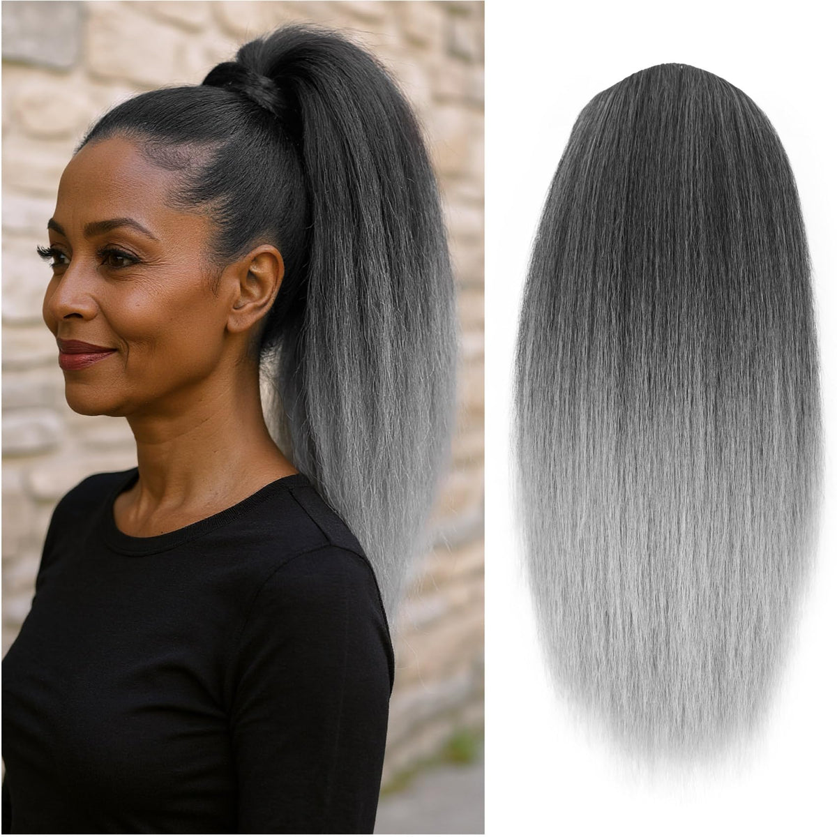 UAmy Hair Grey Yaki Straight Drawstring Ponytail in salt-and-pepper shade enhances everyday styling.
