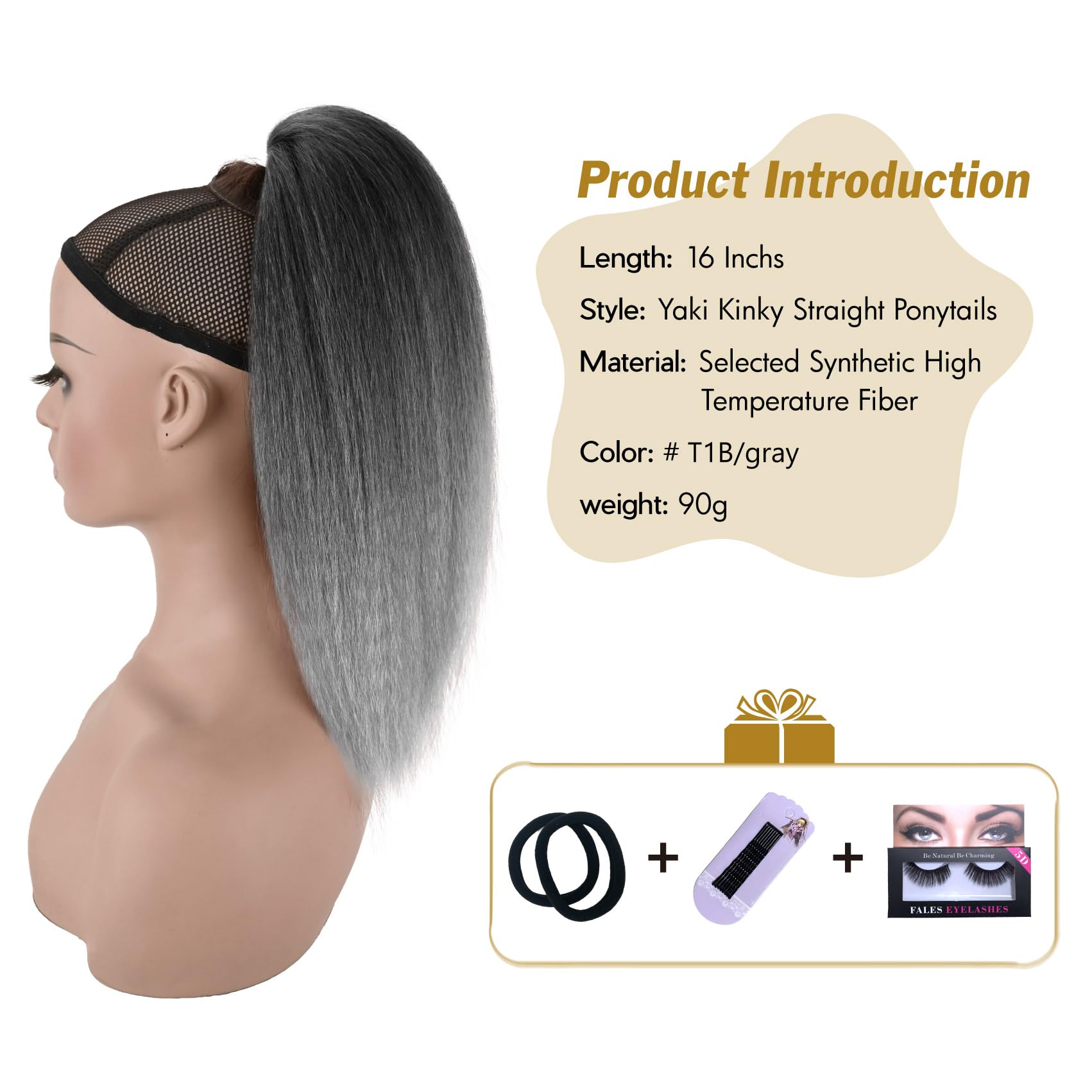 Shoulder-length 16 inch UAmy Hair Grey Yaki Straight Ponytail on a model for balanced look.
