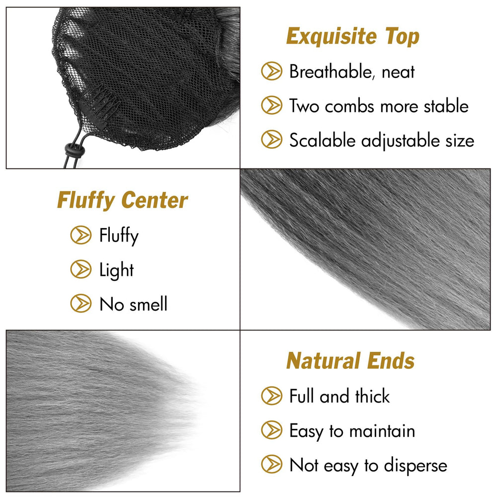 Salt and pepper shade of UAmy Hair Grey Yaki Straight Drawstring Ponytail pairs with many outfits.