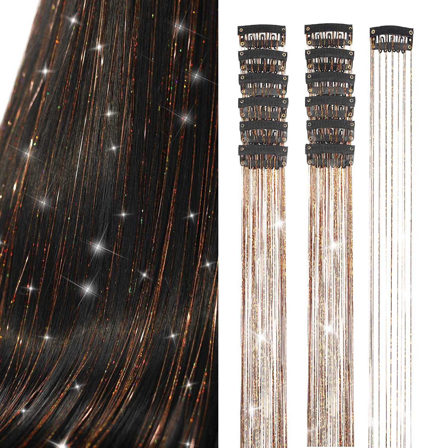 Ubeleco brown hair tinsel with clip-in close-up showing secure grip for safe styling.