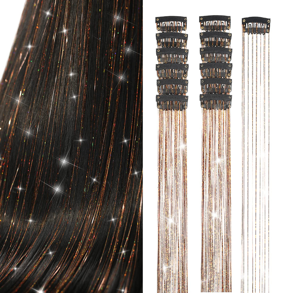 Ubeleco brown hair tinsel with clip-in close-up showing secure grip for safe styling.