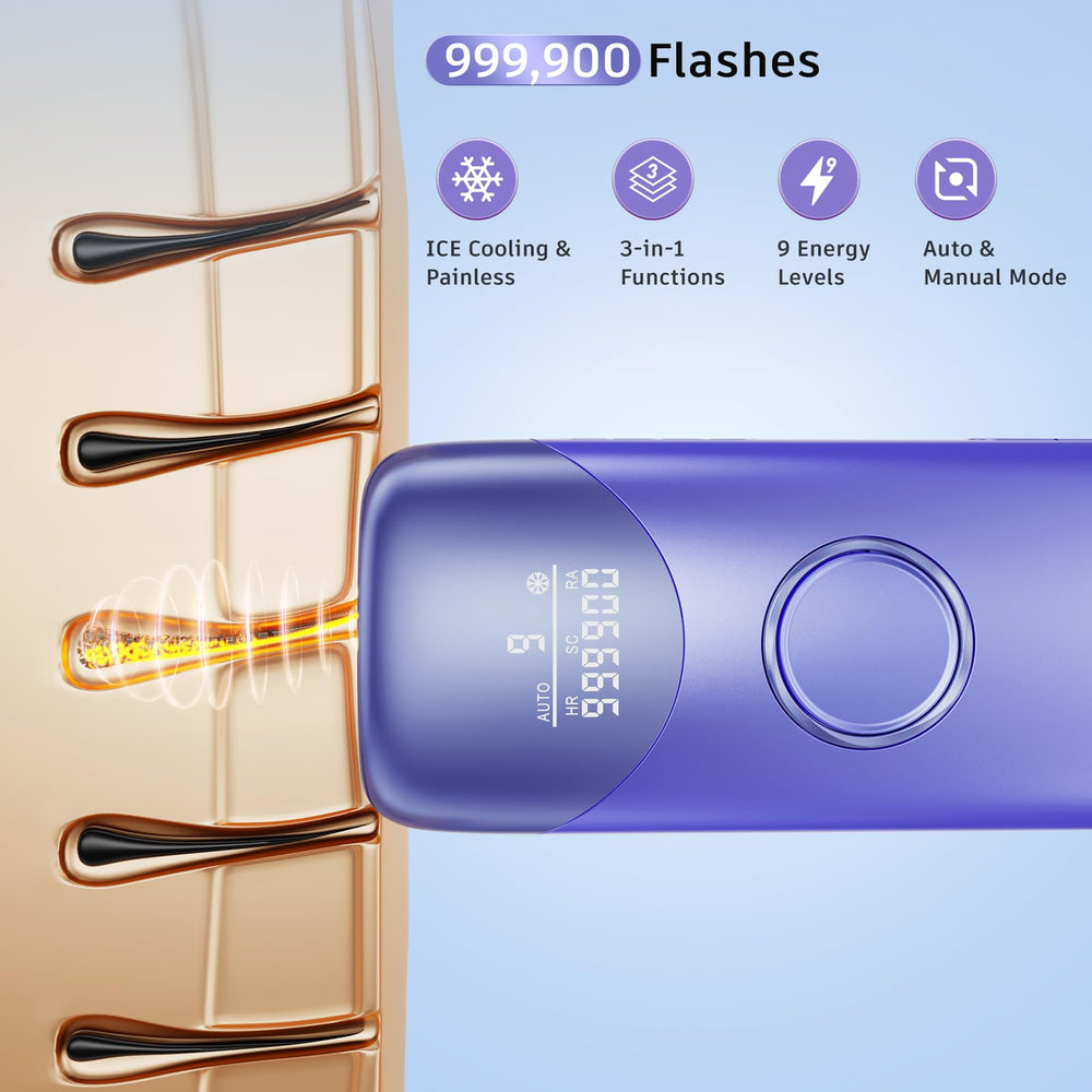 Ubroo IPL device demonstrating hair follicle energy action on leg area