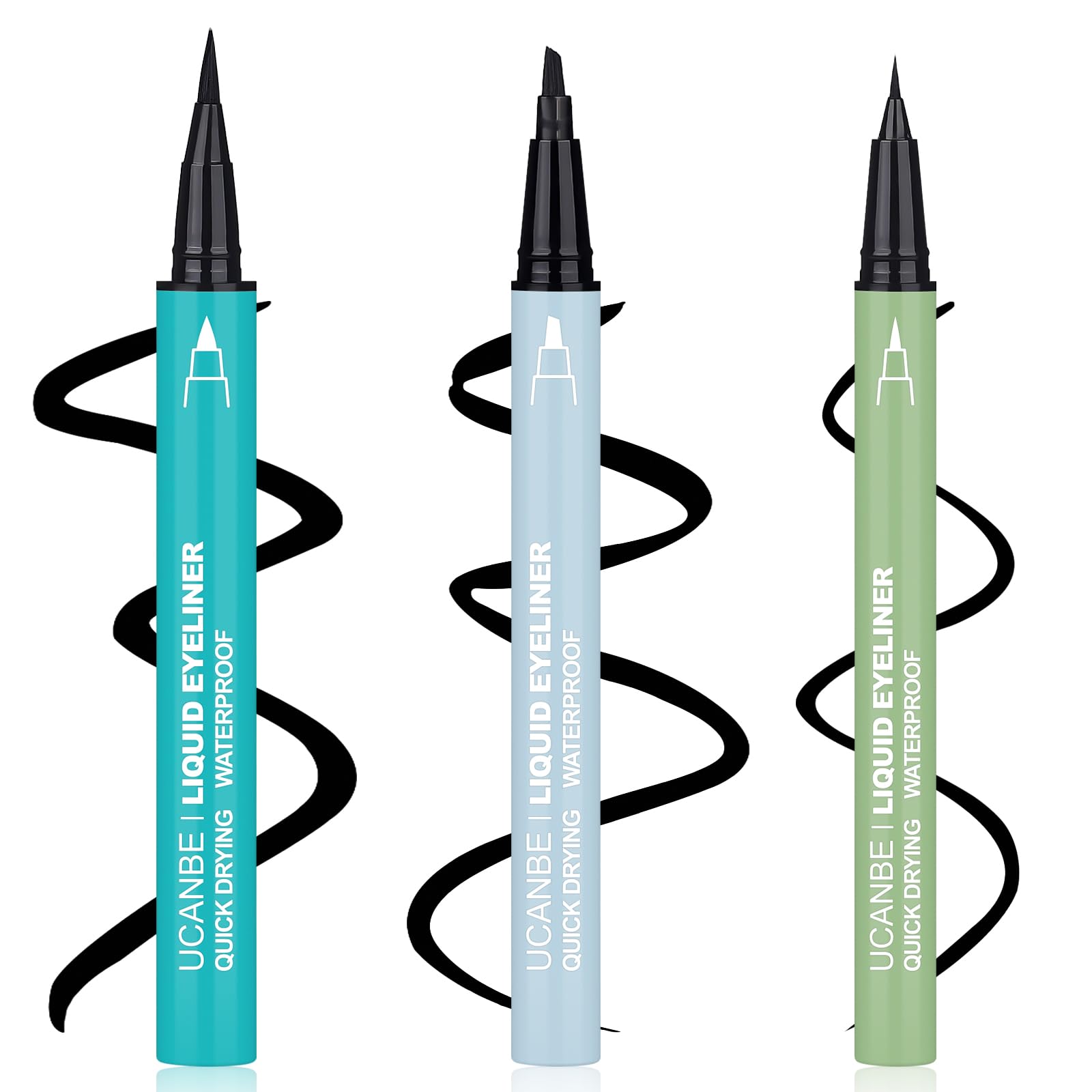 UCANBE 3pcs black liquid eyeliner kit with three brush tips for precise wings.