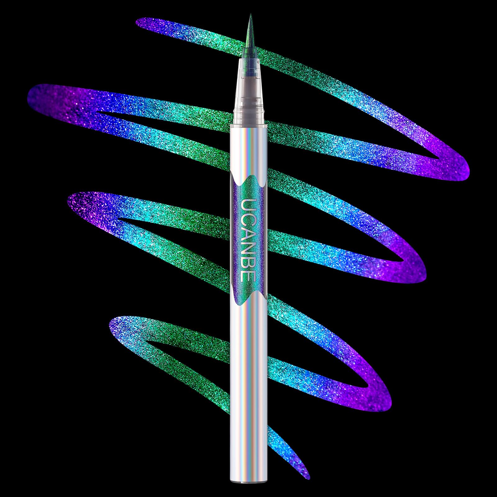 UCANBE Chameleon eyeliner shows green-cyan-blue shift on the eyelid for versatile looks.