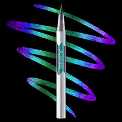UCANBE Chameleon eyeliner shows green-cyan-blue shift on the eyelid for versatile looks.