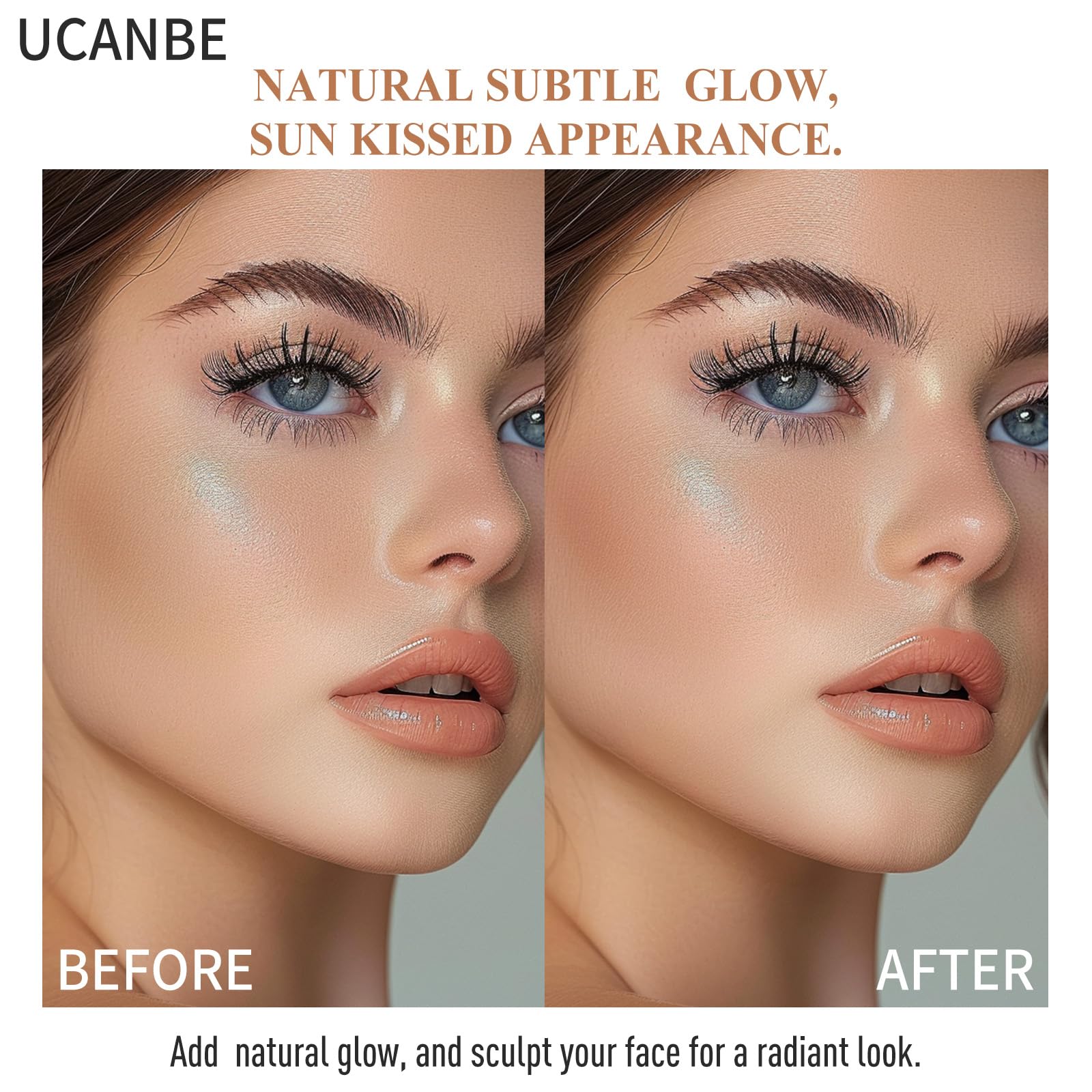 UCANBE Glow Bronzer soft shimmer on skin for radiant finish.