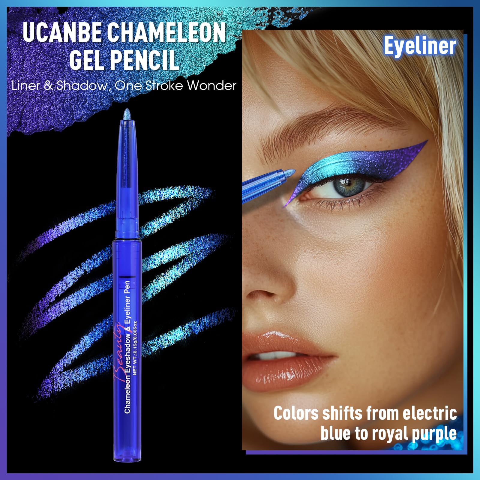 UCANBE gel eyeliner with metallic glitter adds depth and shimmer.