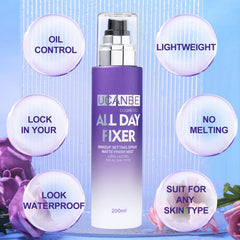UCANBE setting spray bottle delivers lasting matte finish and oil control.