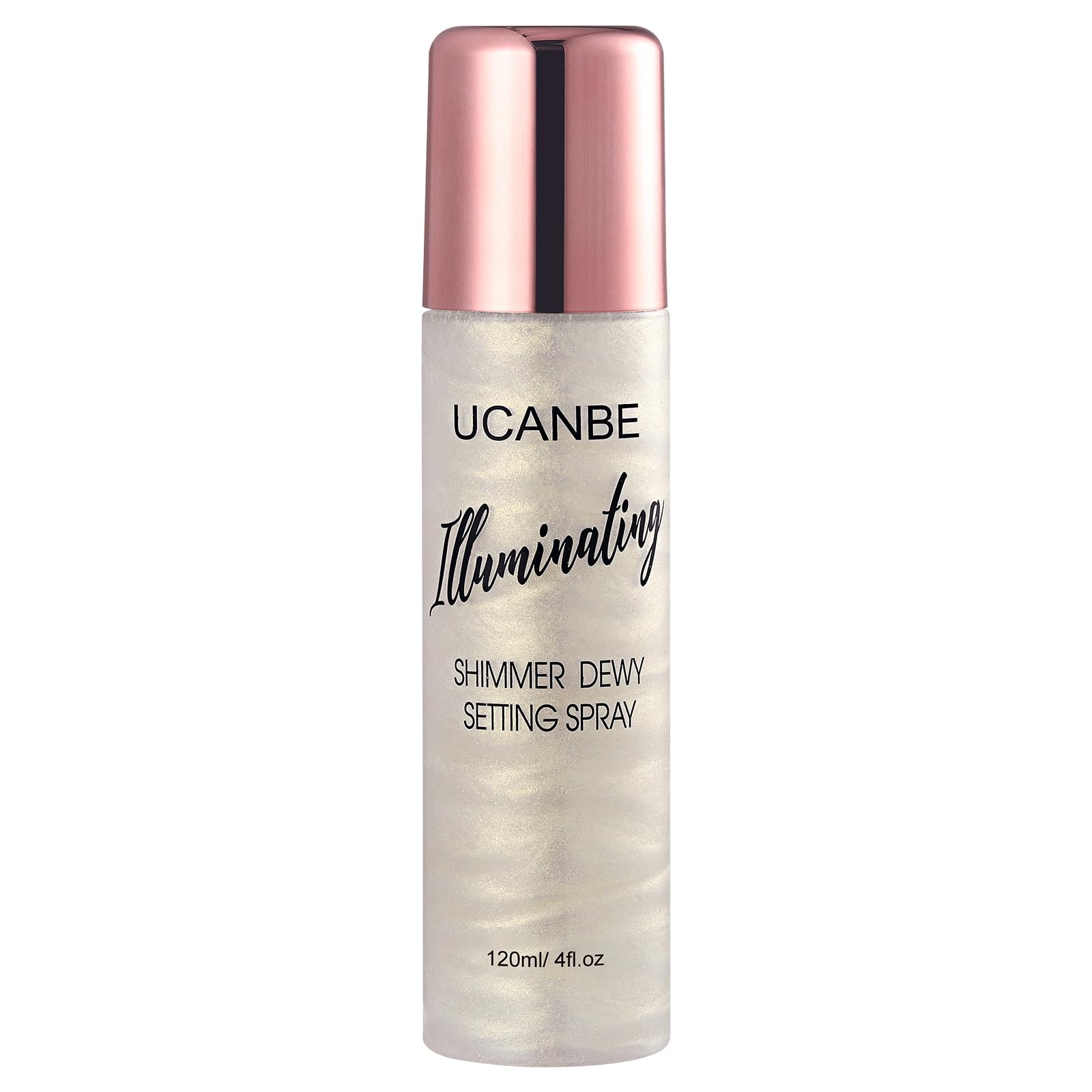 UCANBE Shimmer Dewy Setting Spray bottle close-up for radiant glow.