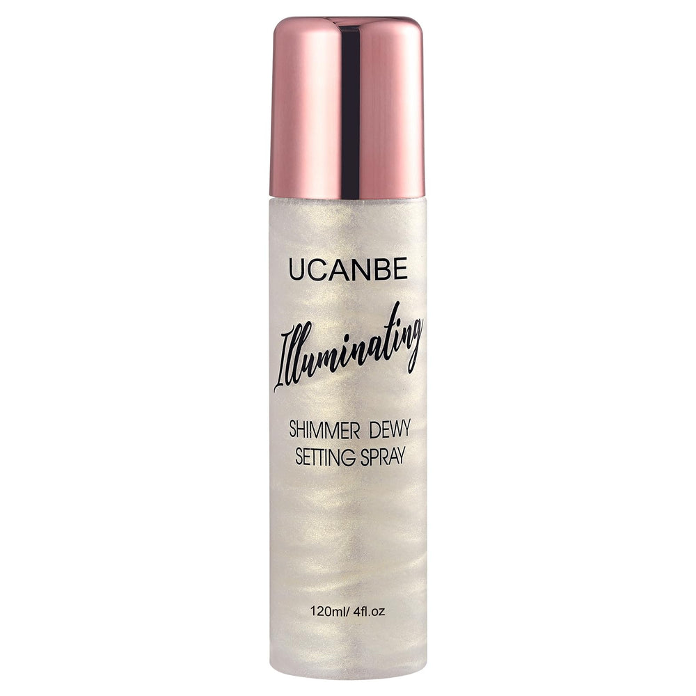 UCANBE Shimmer Dewy Setting Spray bottle close-up for radiant glow.