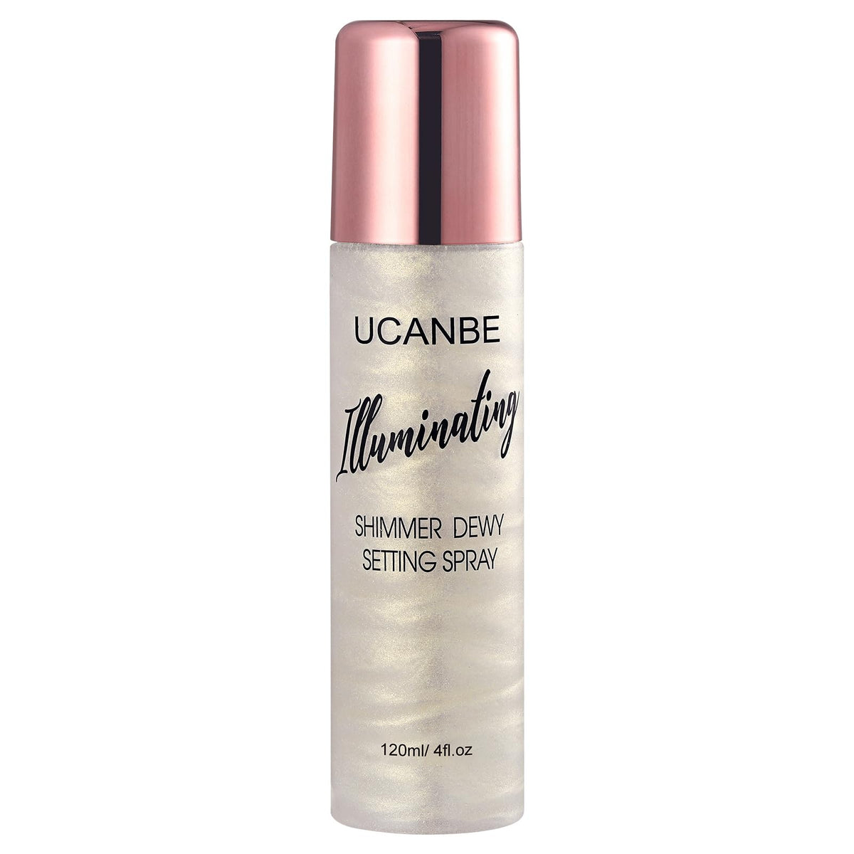 UCANBE Shimmer Dewy Setting Spray bottle close-up for radiant glow.