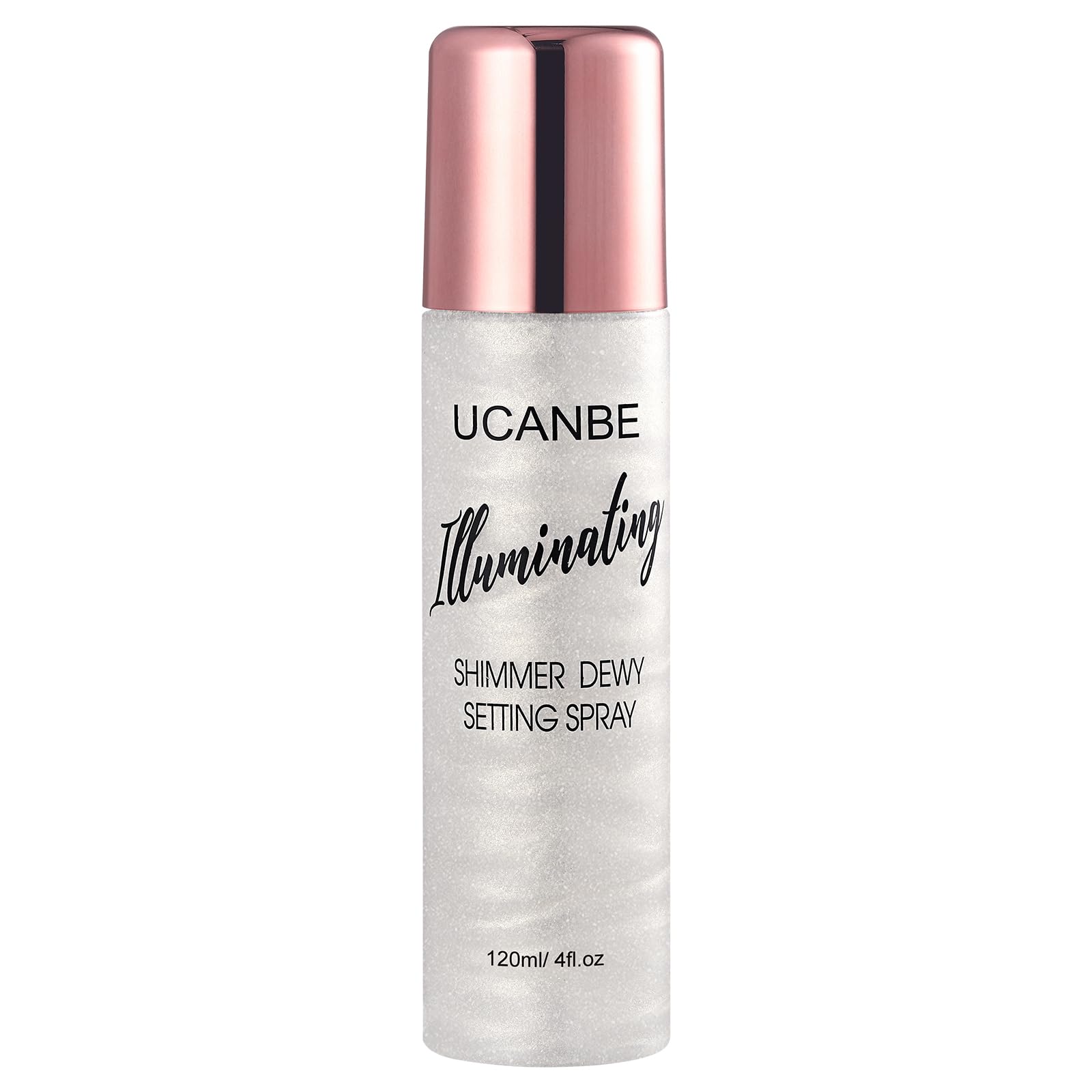 UCANBE Shimmer Dewy Setting Spray bottle close-up showing radiant glow on skin.