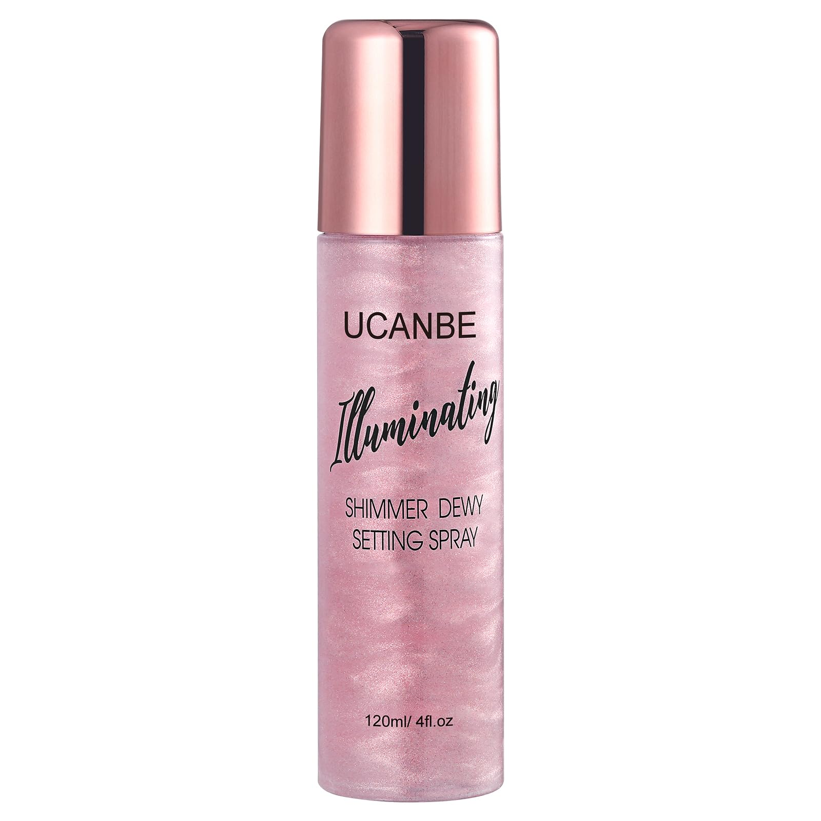UCANBE Shimmer Dewy Setting Spray bottle showcases radiant glow for makeup setting.