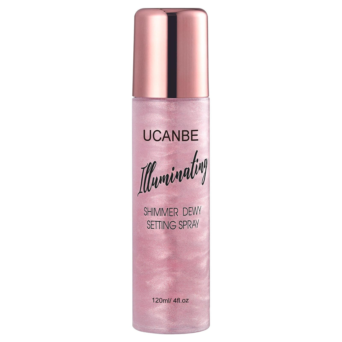 UCANBE Shimmer Dewy Setting Spray bottle showcases radiant glow for makeup setting.