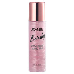 UCANBE Shimmer Dewy Setting Spray bottle showcases radiant glow for makeup setting.