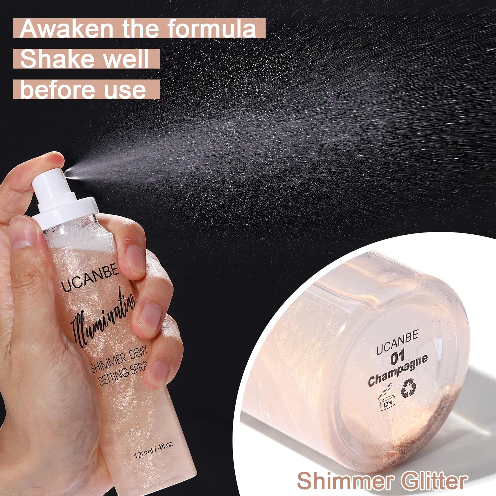 UCANBE Shimmer Dewy Setting Spray closeup of ingredients for skin-friendly hydration.