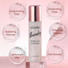 UCANBE Shimmer Dewy Setting Spray on face and body delivering cohesive glow.