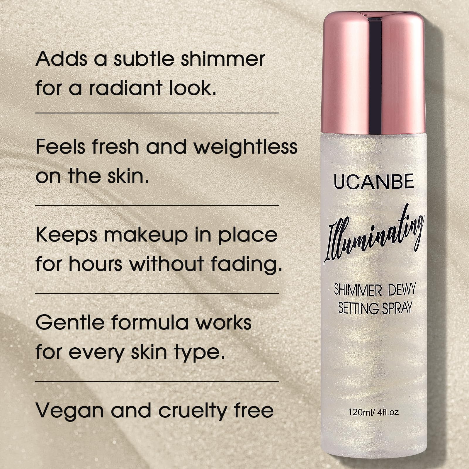 UCANBE Shimmer Dewy Setting Spray fine mist dispersion on skin.
