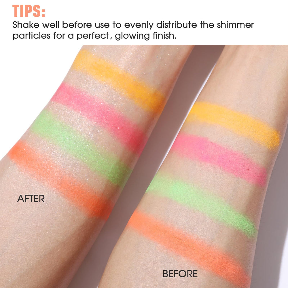 UCANBE Shimmer Dewy Setting Spray shimmering droplets on skin for a dewy look.