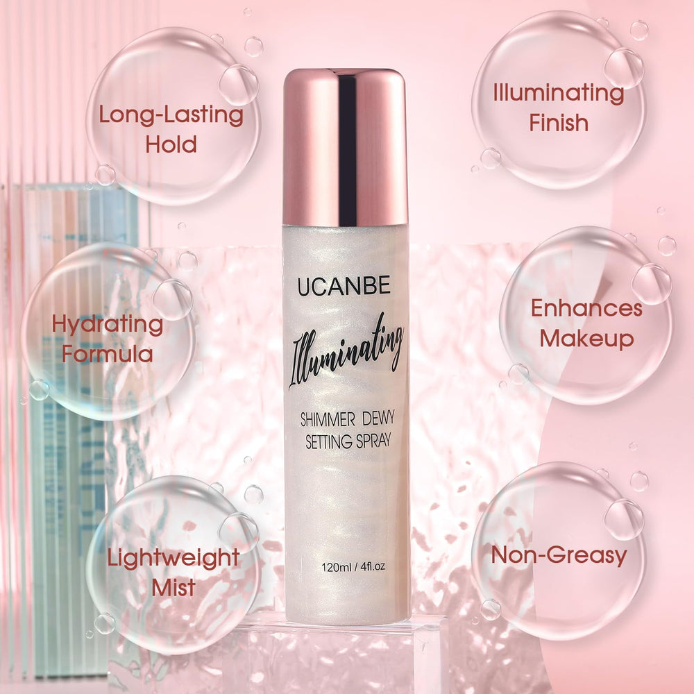 UCANBE Shimmer Dewy Setting Spray glow on cheeks for luminous finish.
