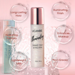 UCANBE Shimmer Dewy Setting Spray glow on cheeks for luminous finish.