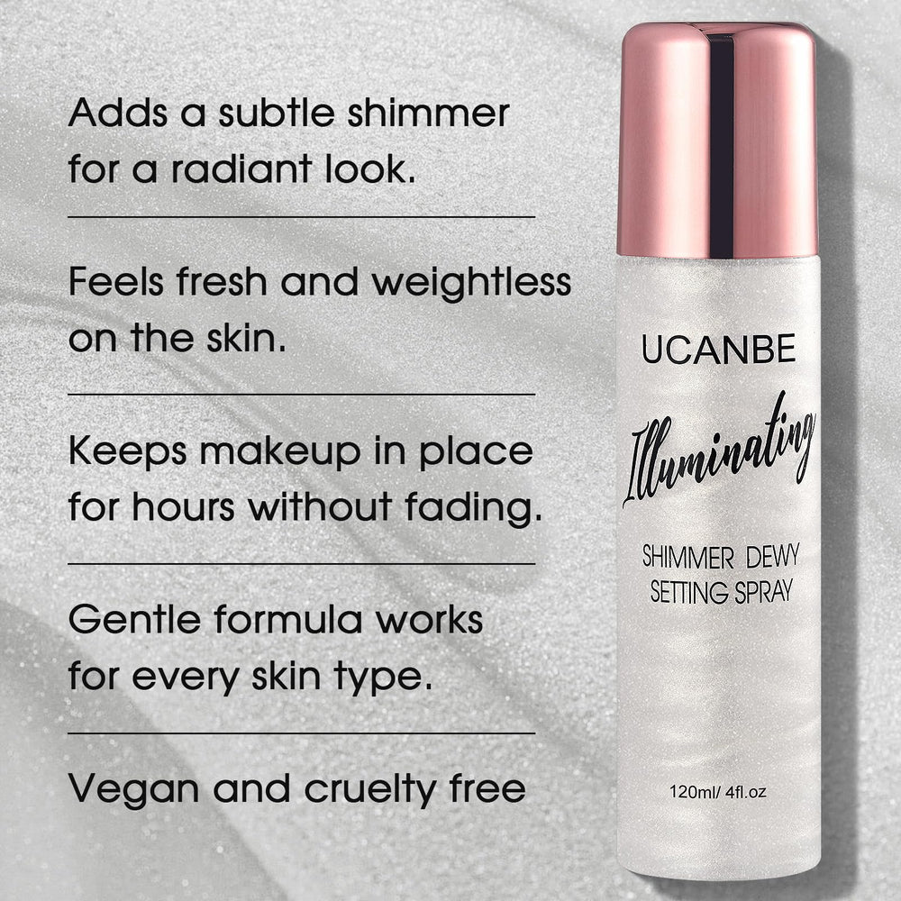 UCANBE Shimmer Dewy Setting Spray fine mist applied evenly on the face for long-lasting hold.