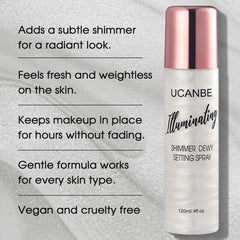 UCANBE Shimmer Dewy Setting Spray fine mist applied evenly on the face for long-lasting hold.