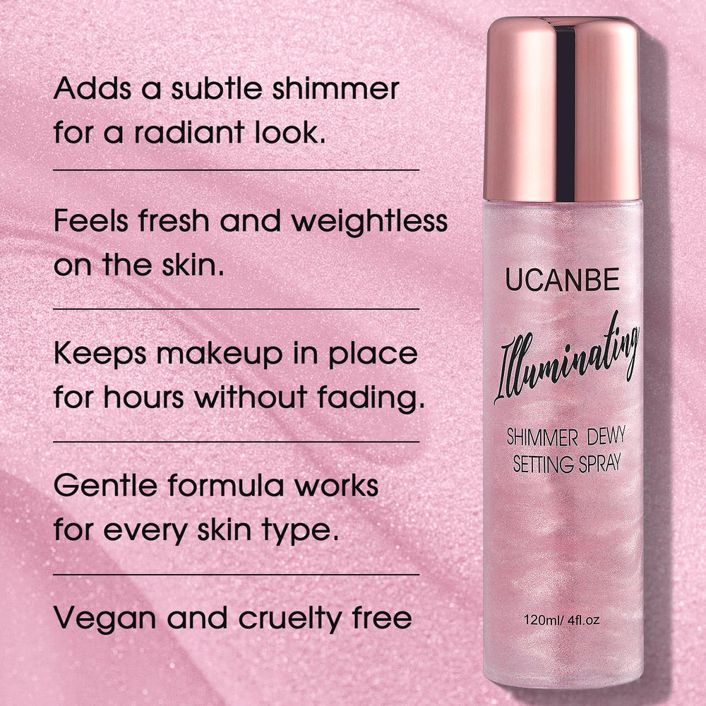 UCANBE Shimmer Dewy Setting Spray mist delivers even coverage for long-lasting look.