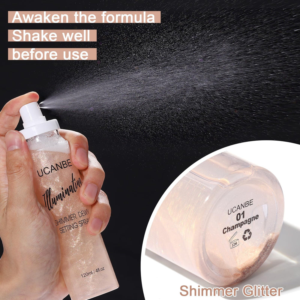 UCANBE Shimmer Dewy Setting Spray packaging and pump design for easy use.