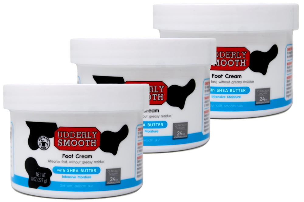 Udderly Smooth foot cream with shea butter in a 3-pack for daily hydration