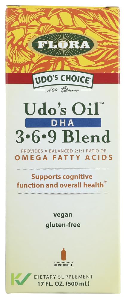 Udo's Choice DHA Oil Blend bottle highlights algae-based DHA for heart and brain support.