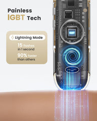 UENMOON laser hair remover with Lightning icon active showing rapid pulses for quicker sessions