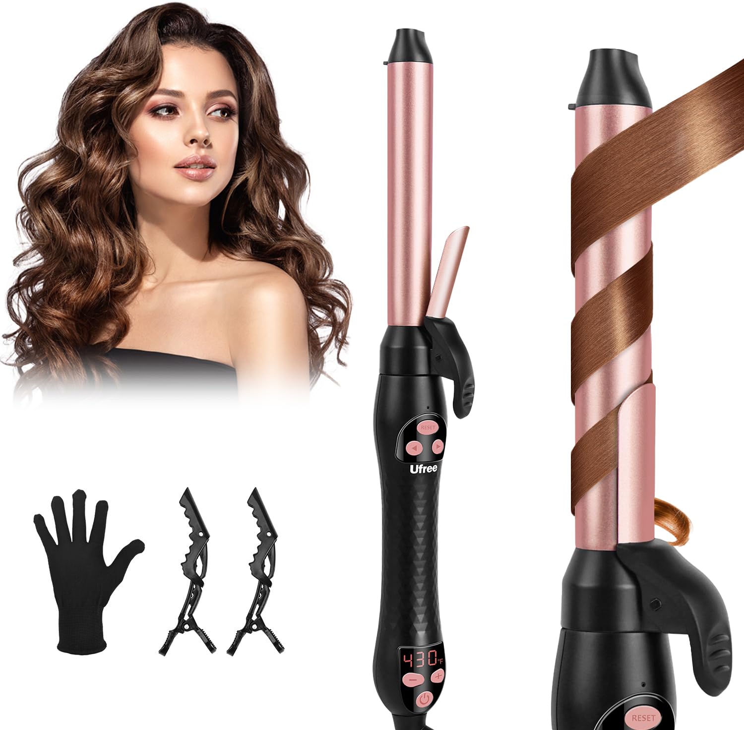 Ufree automatic rotating curling iron in rose gold, angle view for sleek curls.