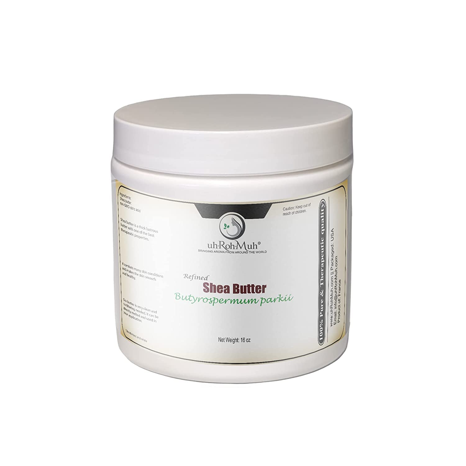 uh*Roh*Muh refined shea butter in a 16oz jar for smooth cosmetic formulations.