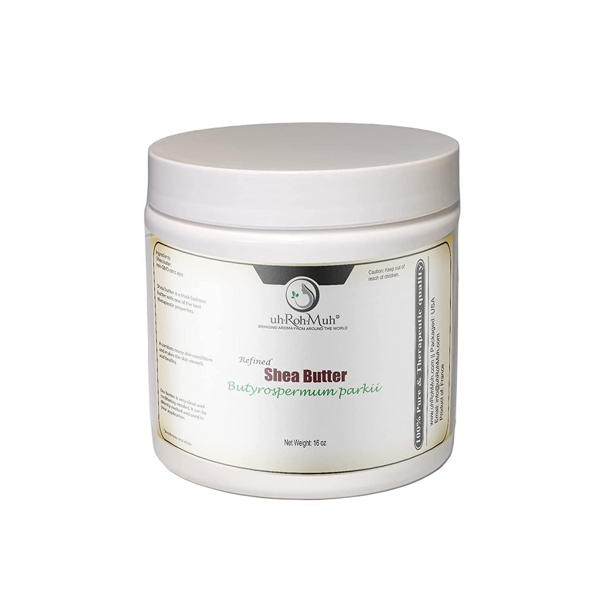 uh*Roh*Muh refined shea butter in a 16oz jar for smooth cosmetic formulations.