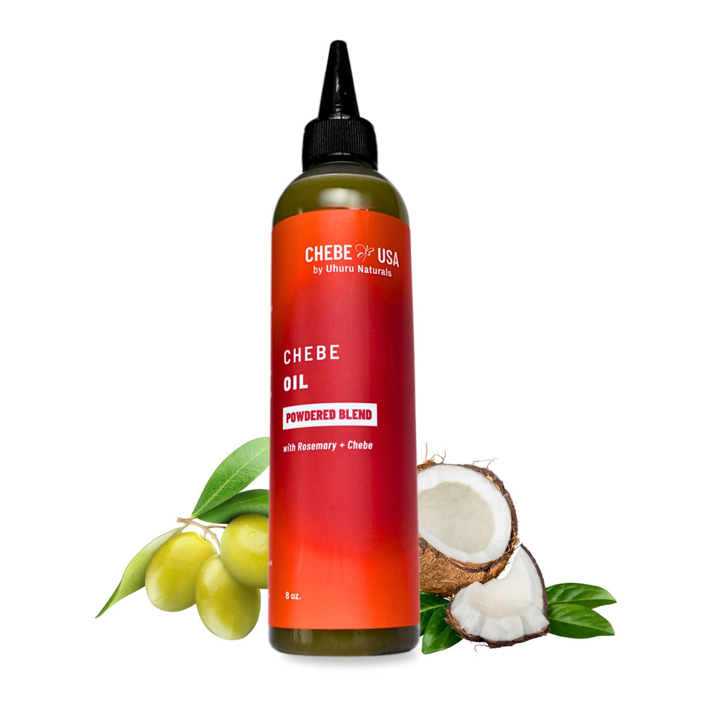 Uhuru Naturals Original Chebe Oil Powdered Blend bottle promoting moisture and strength.