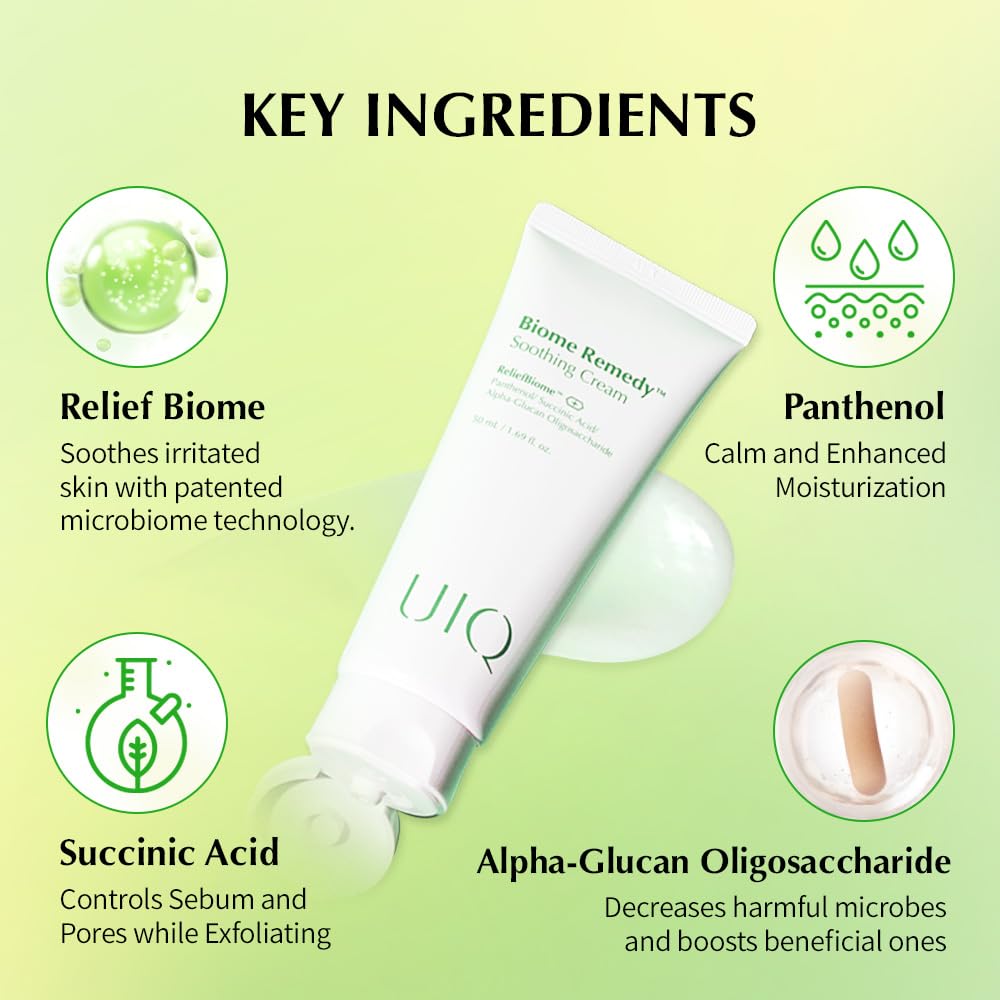 Hypoallergenic badge on UIQ Biome Remedy Soothing Cream; skin-friendly formula.