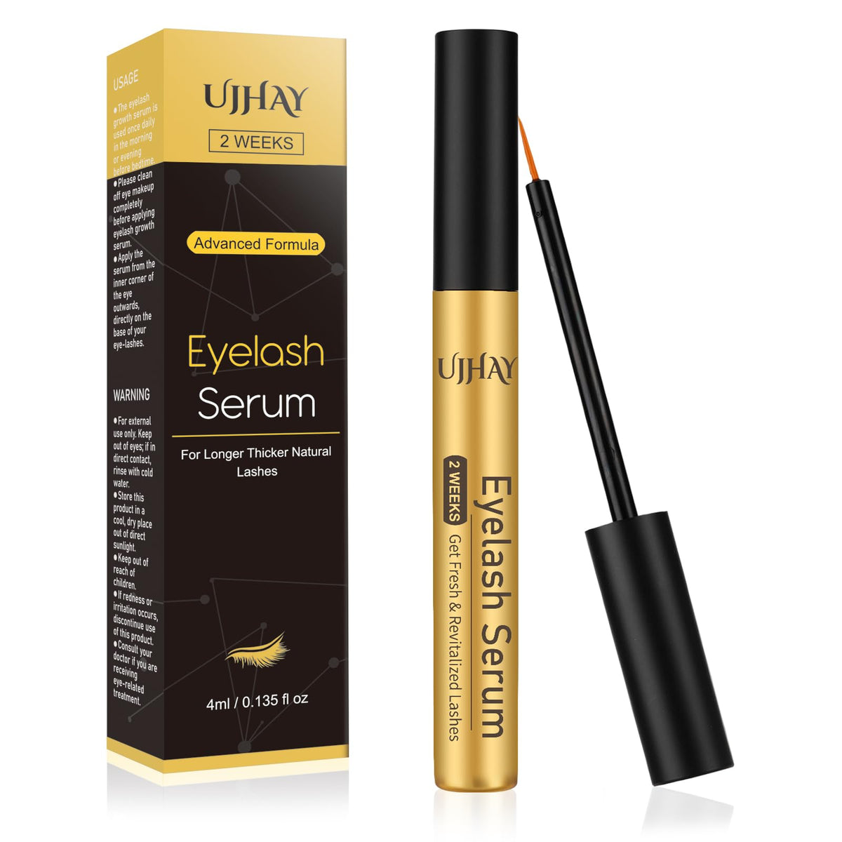 UJhay Eyelash Growth Serum bottle close-up for vegan lash care.
