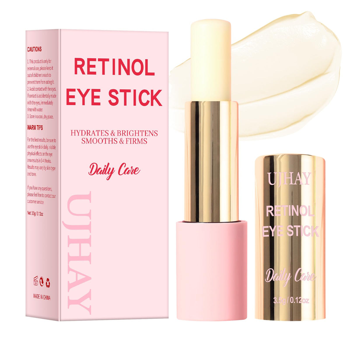 UJhay Retinol Eye Stick bottle close-up showing hydrating formula for brighter under-eye