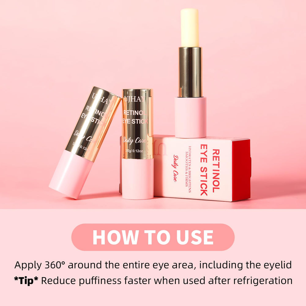 UJhay Retinol Eye Stick beside makeup products as primer for smoother wear