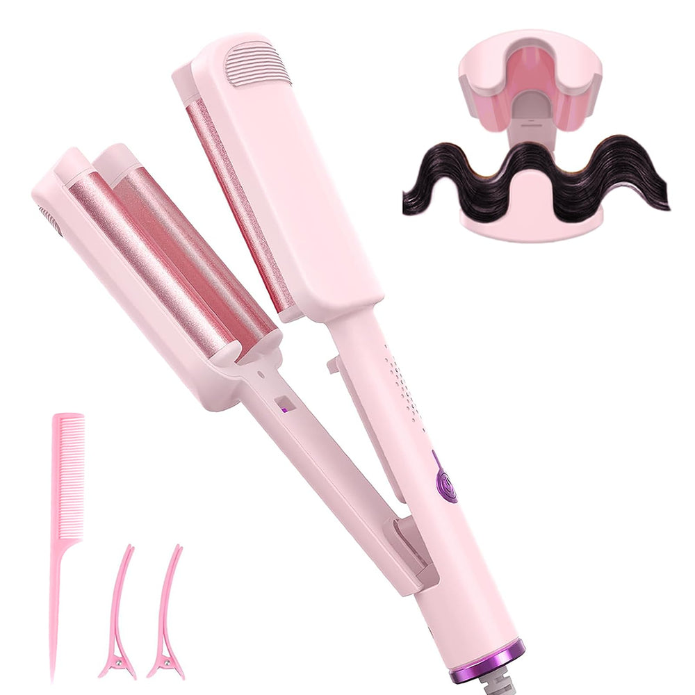 UJIO 3-barrel beach waver in pink creates mermaid waves with smooth shine